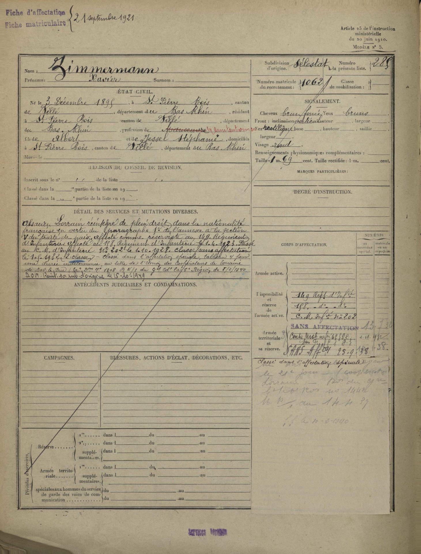 Fiche matricule ad 55 francois xavier zimmermann 1 r 652 286 n 2